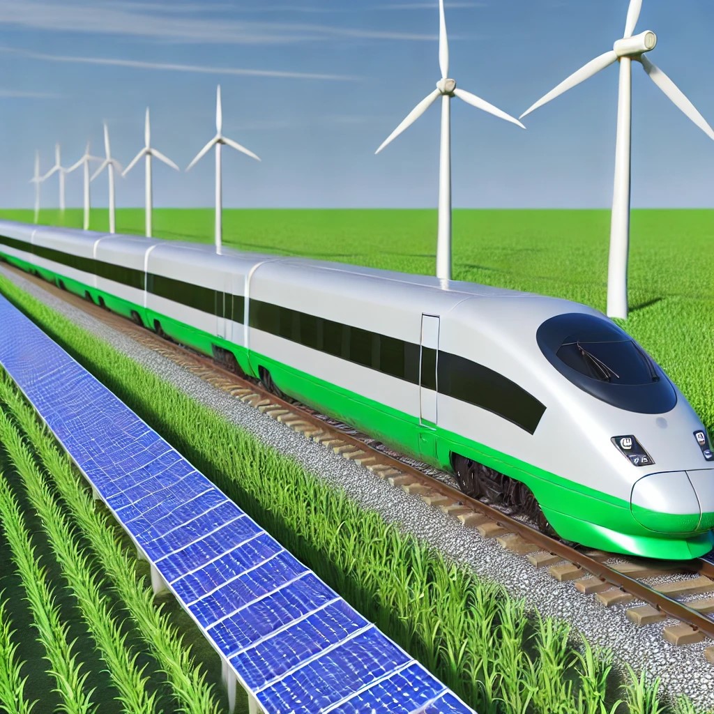 high-speedtrainwithashortlengthmovingthroughanaturallandscape.thetrainispoweredbyelectricitywithwindturbinesandsolar